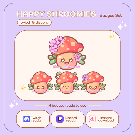 Happy Shroomies ✨💖 – Pack de Badges para Twitch y Discord