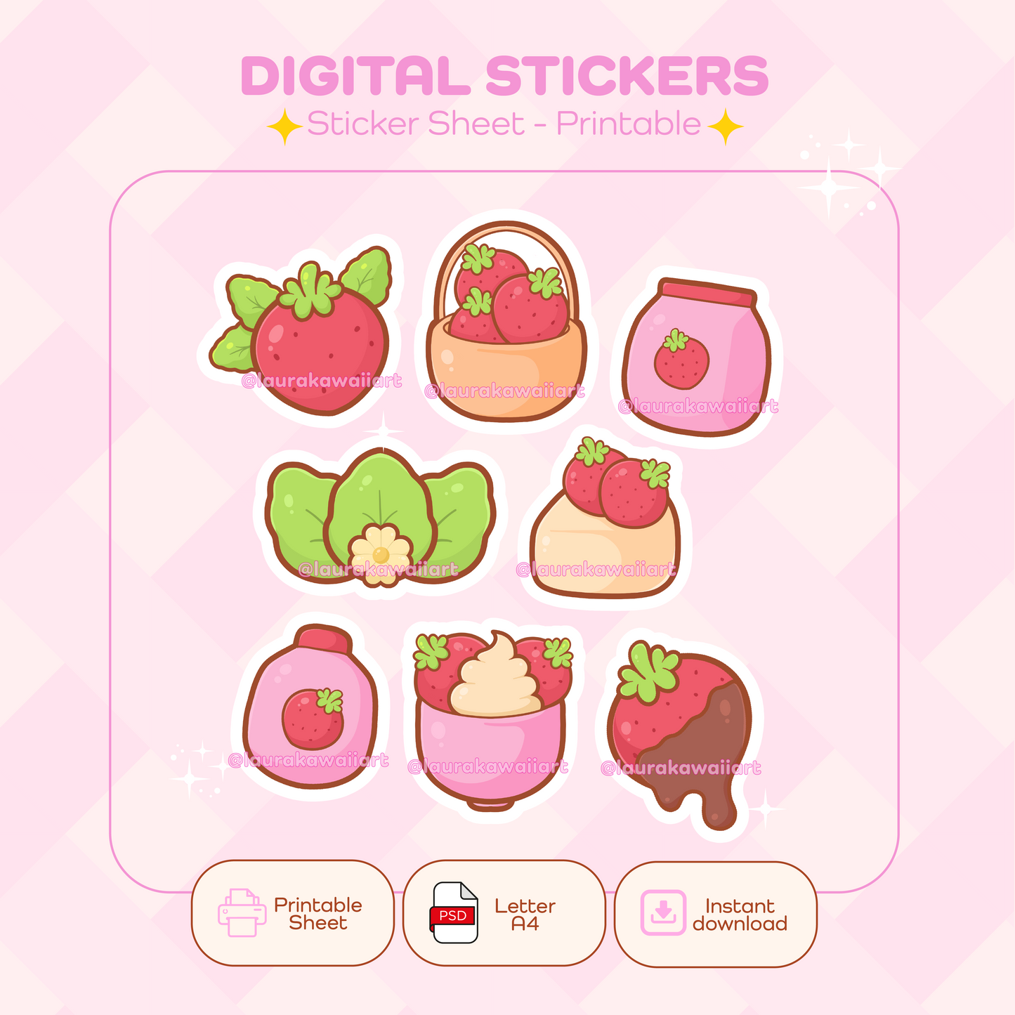 Strawberry Set – Sticker Sheet Kawaii | Pack Digital