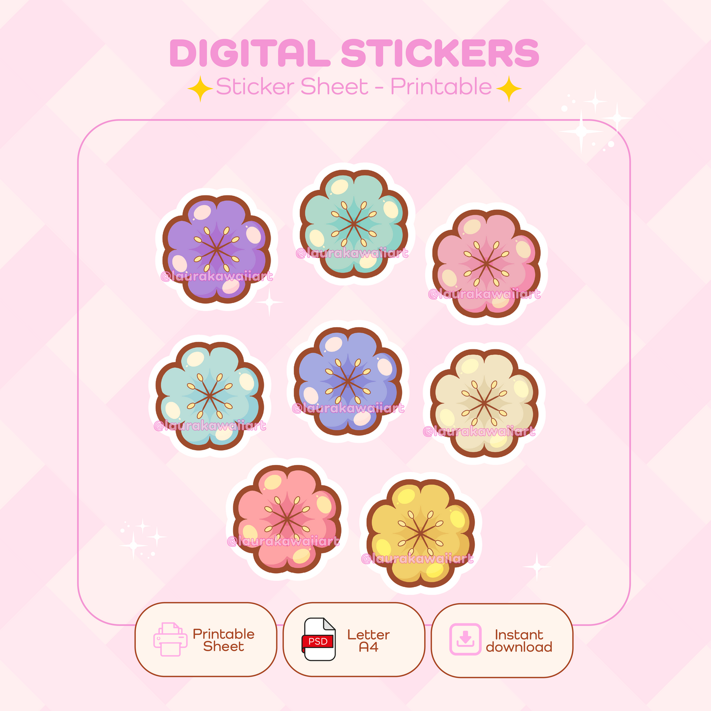Soft Bloom Flowers | Sticker Sheet Kawaii | Pack Digital